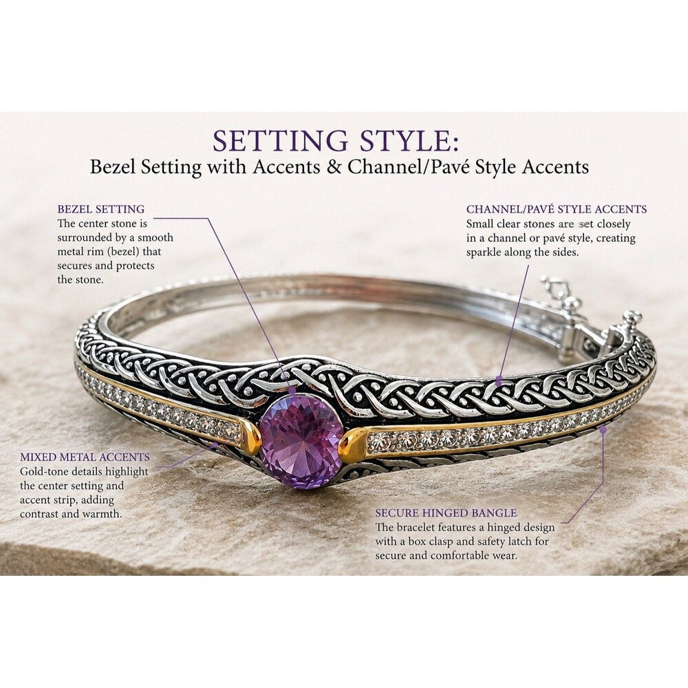 Rhodium PL Celtic Knot Hinged Bangle Bracelet Purple Amethyst-Color Stone
